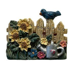 Blue Bird Sitting on Garden Fence Pin Brooch Vintage Sunflowers 1.5 Inch